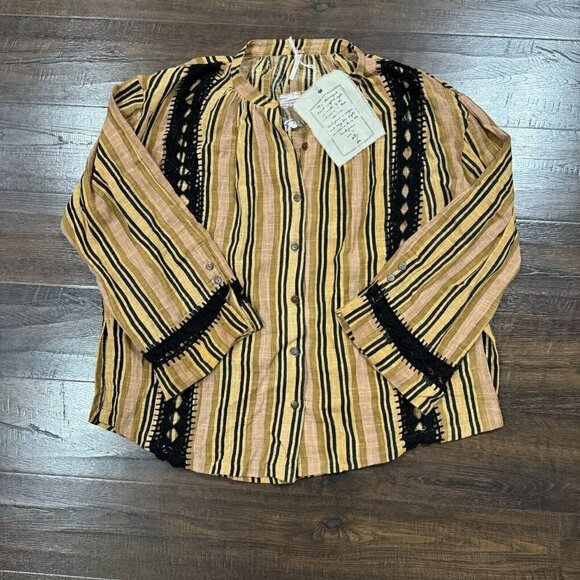 Free People Castaway Striped Button Front Long Sleeve Crochet Trim Boho Top Sz M - Picture 4 of 15